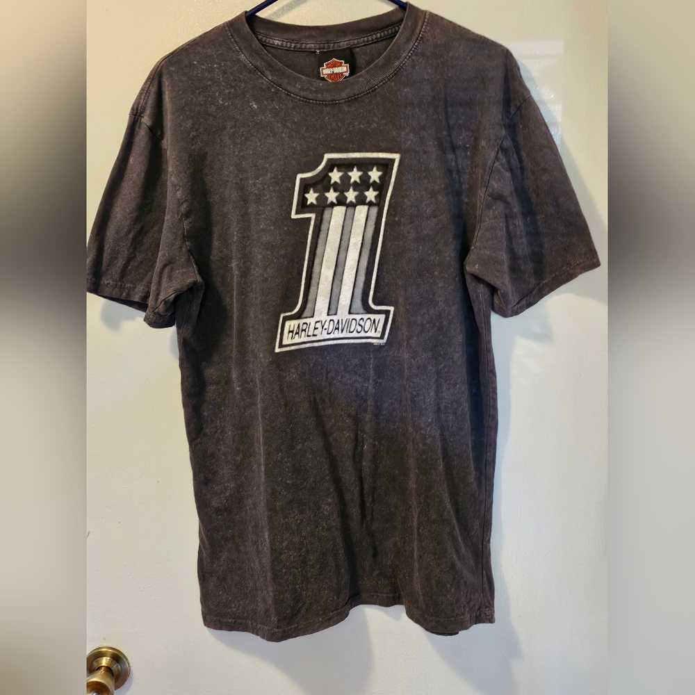 Harley Davidson T Shirt #1 Graphic Stars RI Gray Distressed Look Men's Size M